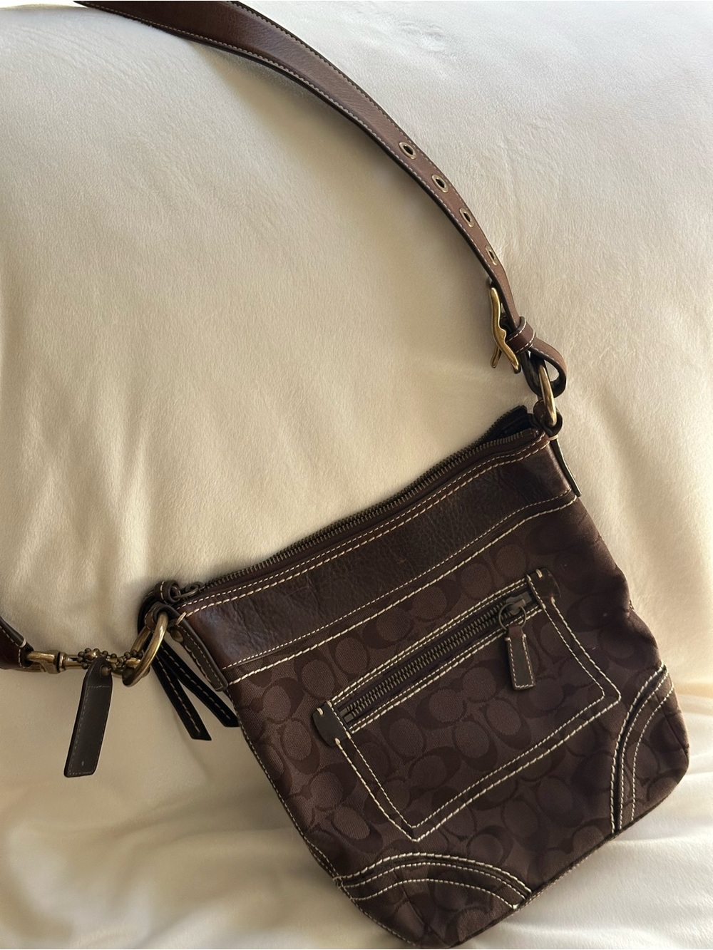 Coach Dark Brown Signature Canvas Shoulder Bag with Leather Trim